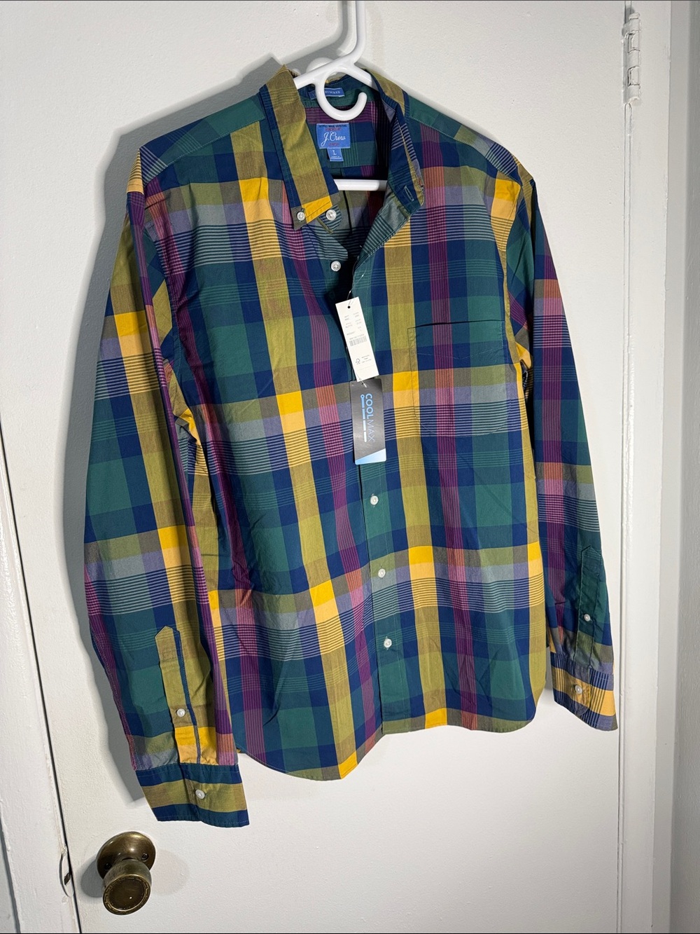 J. Crew Coolmax Multicolor Plaid Button Up Green, Yellow & Navy NWT Men’s Large